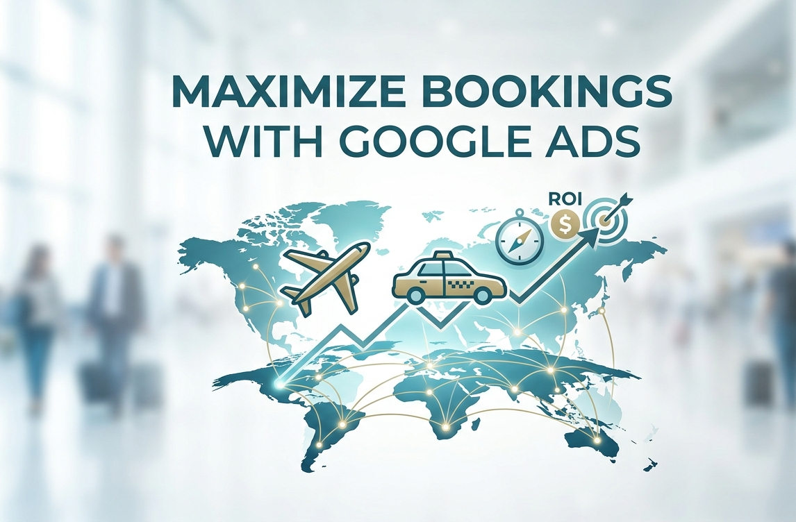 Google Ads strategy for travel, tourism, and taxi services showing an airplane, cab, and ROI growth chart over a world map.