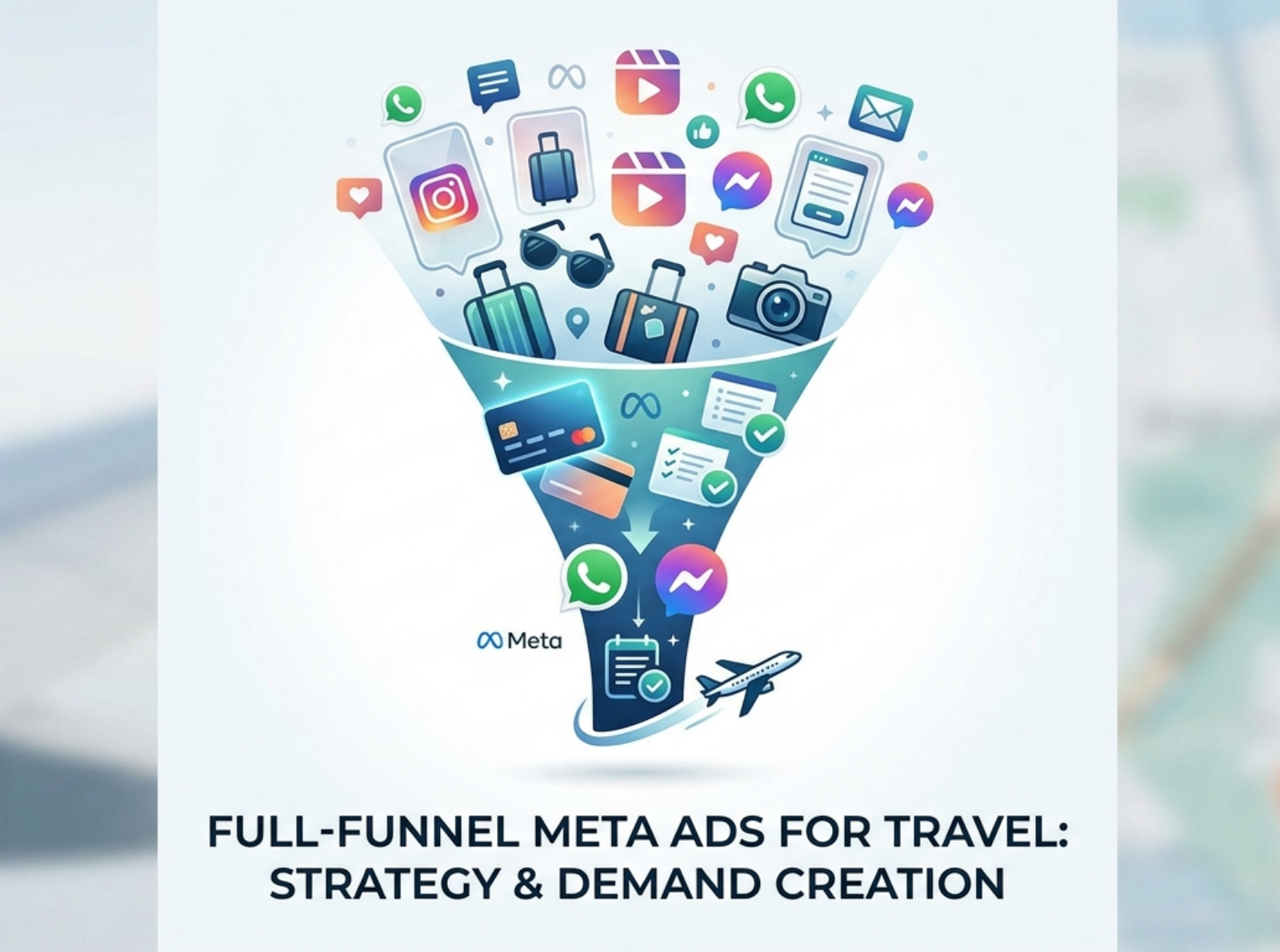 Full-funnel Meta Ads strategy for travel agencies illustrating social media engagement converting into travel bookings.