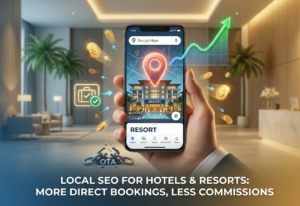 SEO for Hotels and Resorts Smartphone displaying a glowing map pin over a luxury resort, surrounded by gold coins, an upward growth chart, and broken OTA chains, with text reading Local SEO for Hotels and Resorts.