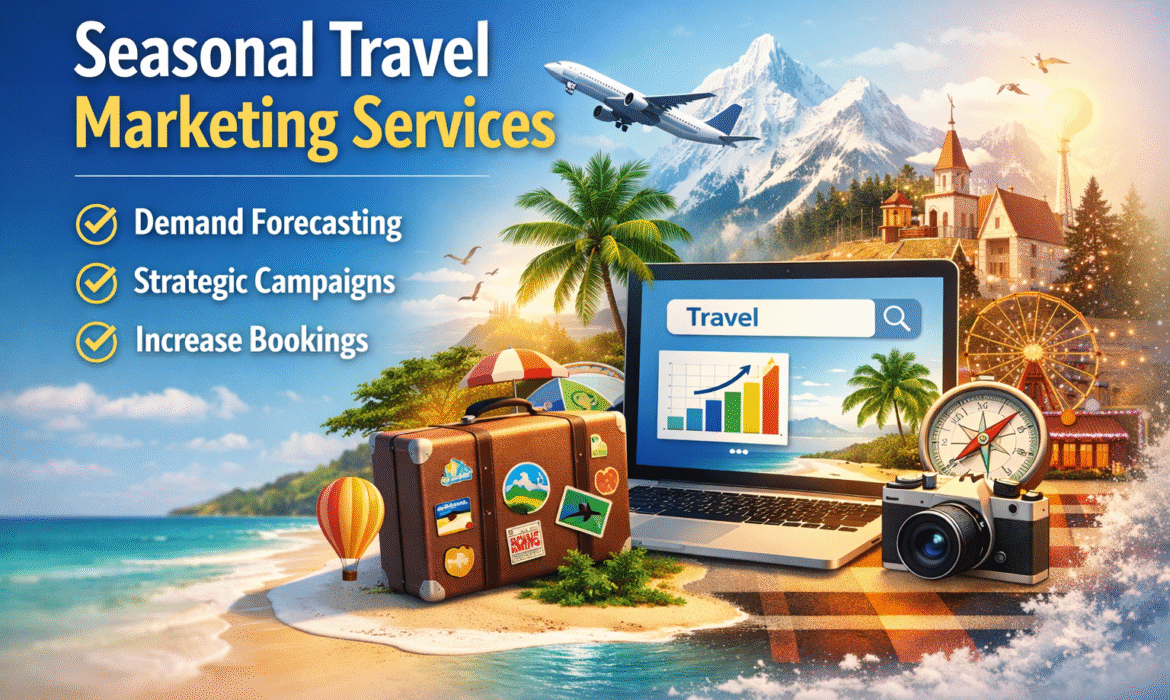 Seasonal travel marketing services illustration showing demand forecasting, Google Ads campaigns, and travel booking growth for tourism businesses