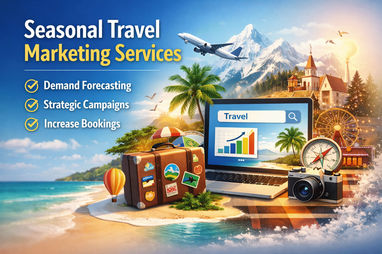 Seasonal travel marketing services illustration showing demand forecasting, Google Ads campaigns, and travel booking growth for tourism businesses