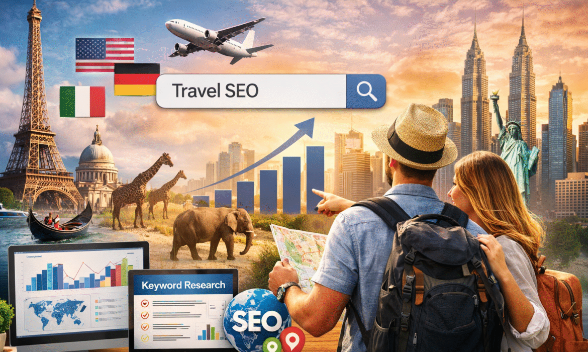 “International travel SEO strategy concept showing global landmarks, search bar, analytics dashboard, and travelers analyzing market growth.