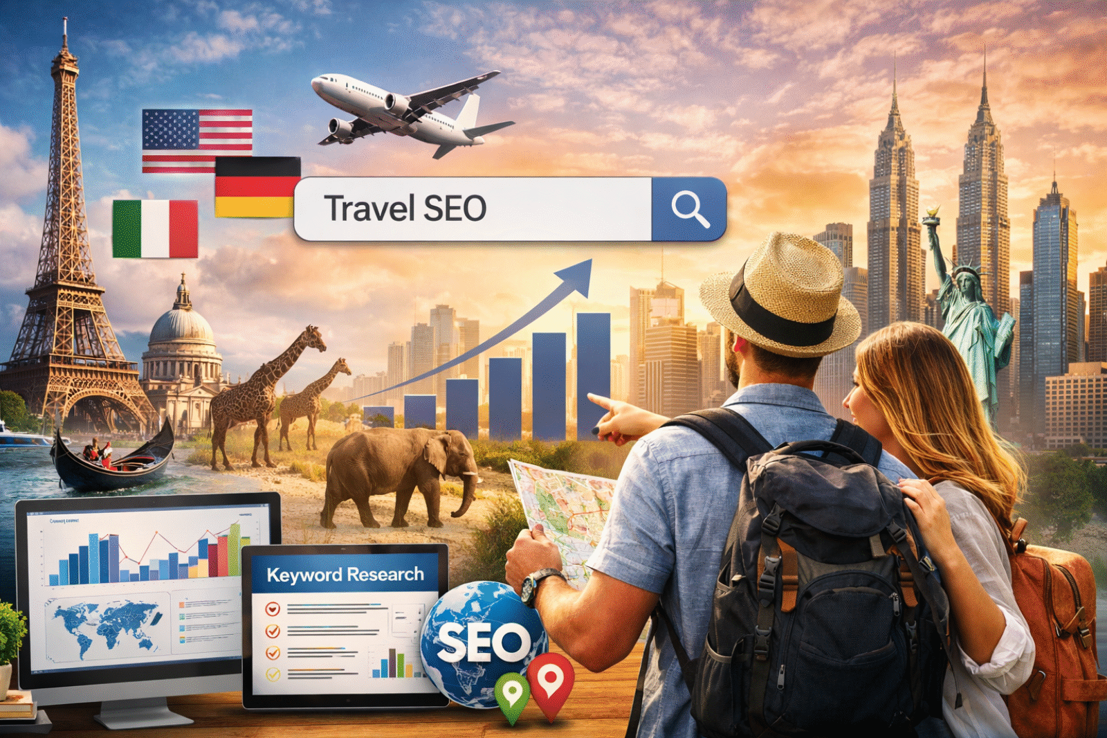 “International travel SEO strategy concept showing global landmarks, search bar, analytics dashboard, and travelers analyzing market growth.
