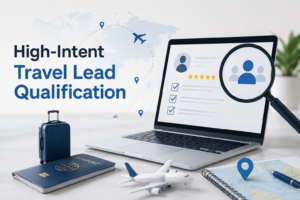 High-intent travel High-intent travel lead qualification concept featuring a laptop with lead-scoring checklist, magnifying glass, travel map, airplane, passport, and location pins.