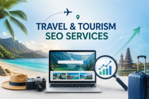 Travel and tourism Travel and tourism SEO services with a laptop showing travel destinations, search analytics, rising growth chart, airplane route, suitcase, camera, tropical beach, mountains, and cultural landmarks.