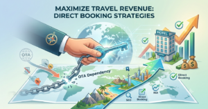 maximize hotel revenue and ROI. Illustration depicting direct booking strategies for travel brands, breaking OTA dependency to maximize hotel revenue and ROI.